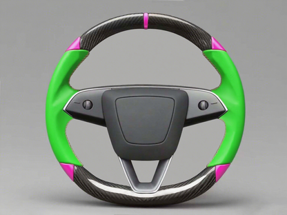 Green and pink Leather Carbon Fiber Customize Tesla Model Y Juniper Steering Wheel - DYNA (2025+) Axeco