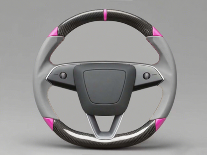 Gray and pink Leather Carbon Fiber Customize Tesla Model Y Juniper Steering Wheel - DYNA (2025+) Axeco