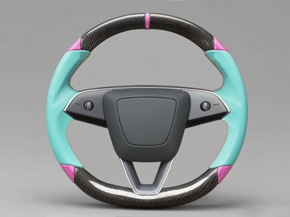 Light blue and pink Leather Carbon Fiber Customize Tesla Model Y Juniper Steering Wheel - DYNA (2025+) Axeco