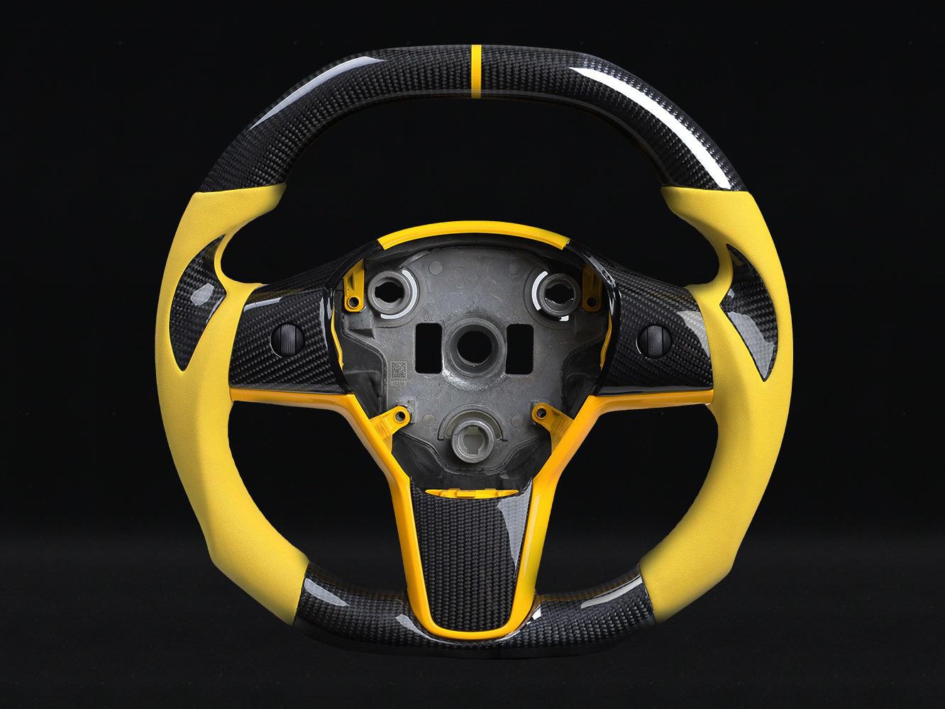 Model 3 Carbon Fiber Rounded Yellow Alcantara Steering Wheel - Axeco
