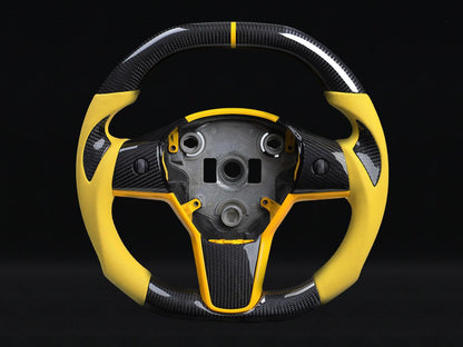 Model 3 Carbon Fiber Rounded Yellow Alcantara Steering Wheel - Axeco