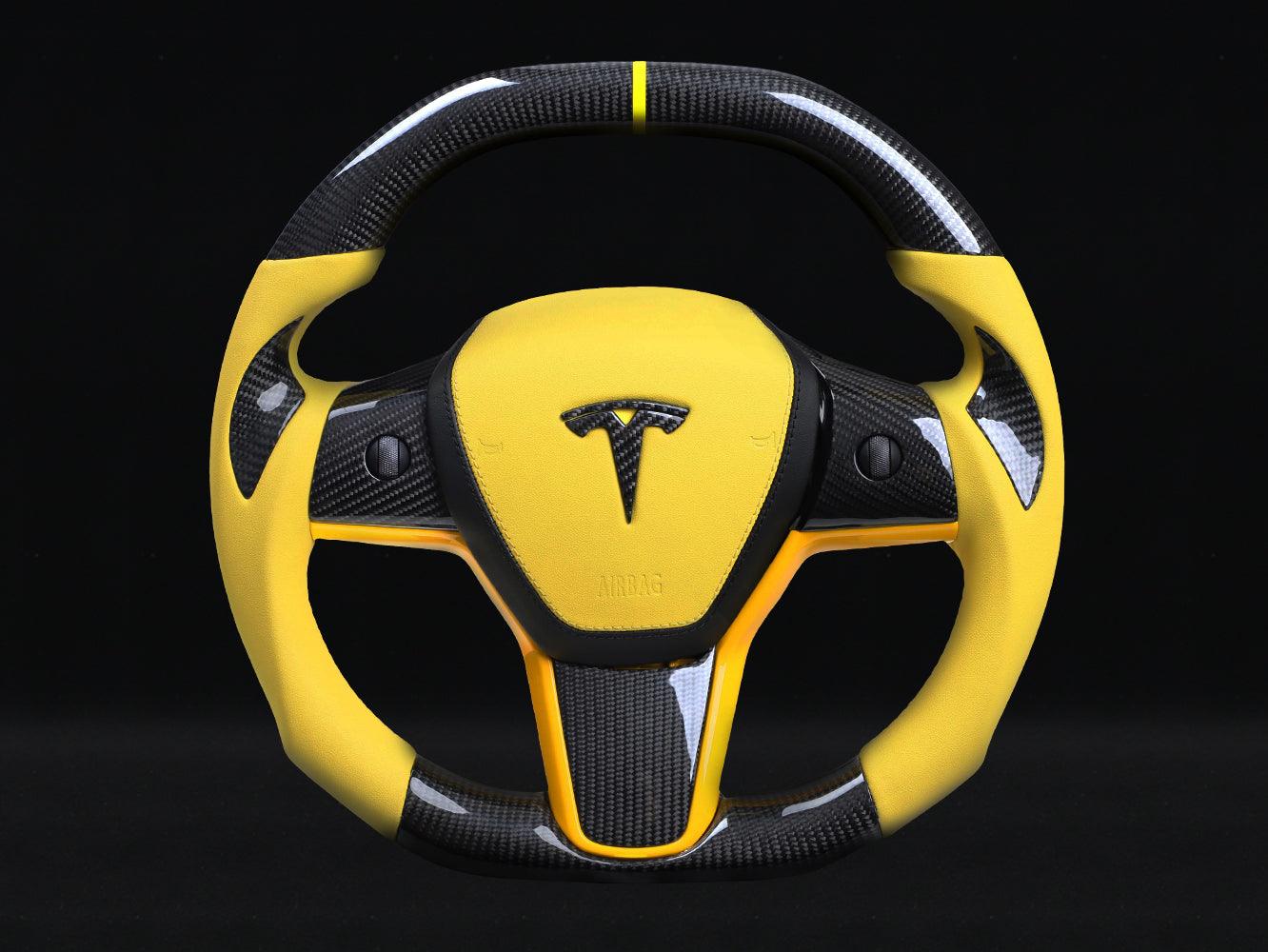 Model 3 Carbon Fiber Rounded Yellow Alcantara Steering Wheel - Axeco
