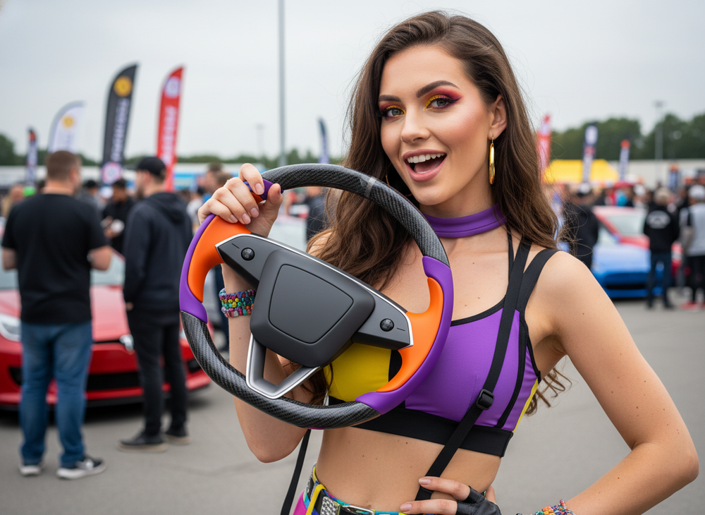 Bright orange and deep purple Carbon Fiber Tesla Model Y Juniper Steering Wheel For Lady's -Track Master(2023.9+) Axeco