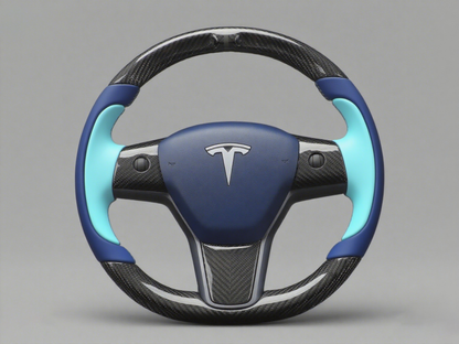 Deep blue and mint greenCarbon Fiber Tesla Model Y Steering Wheel-Track Master(2020-2024) Axeco