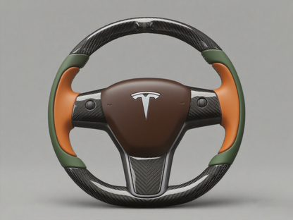 Olive green and orange Carbon Fiber Tesla Model Y Steering Wheel-Track Master(2020-2024) Axeco