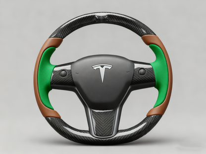 Dark brown and green Carbon Fiber Tesla model 3 Steering Wheel -Track Master(2023.9+) Axeco