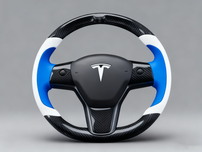 Bright blue and pure white Carbon Fiber Tesla model 3 Steering Wheel -Track Master(2023.9+) Axeco