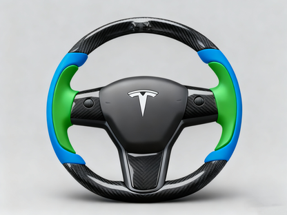 Bright blue and emerald green Carbon Fiber Tesla Model Y Steering Wheel-Track Master(2020-2024) Axeco