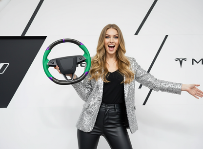 Green and purple Carbon Fiber Tesla Model 3 Highland Custom Steering Wheel -DYNA(2023.9) Axeco