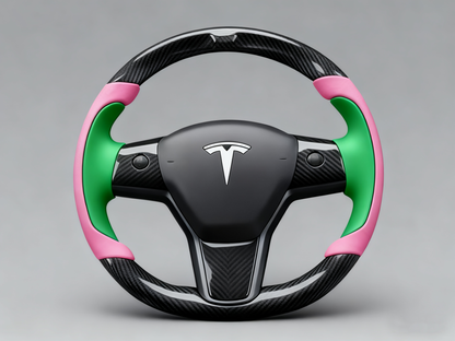 Soft pink and emerald green Carbon Fiber Tesla model 3 Steering Wheel -Track Master(2023.9+) Axeco