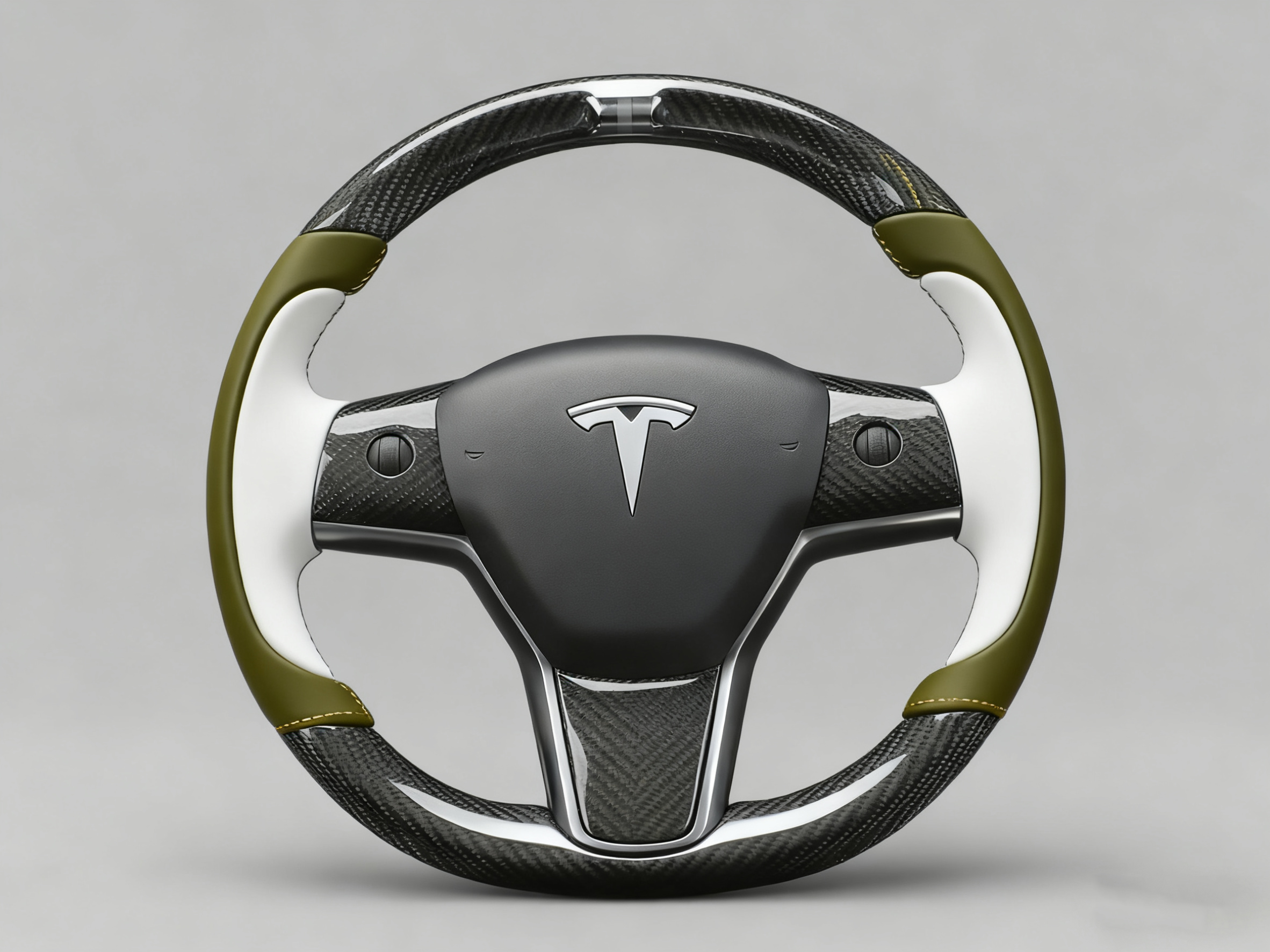 Olive green and white Carbon Fiber Tesla Model Y Steering Wheel-Track Master(2020-2024) Axeco