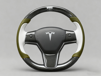 Olive green and white Carbon Fiber Tesla Model Y Steering Wheel-Track Master(2020-2024) Axeco