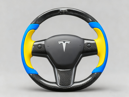 Bright blue and bright yellow Carbon Fiber Tesla Model Y Steering Wheel-Track Master(2020-2024) Axeco