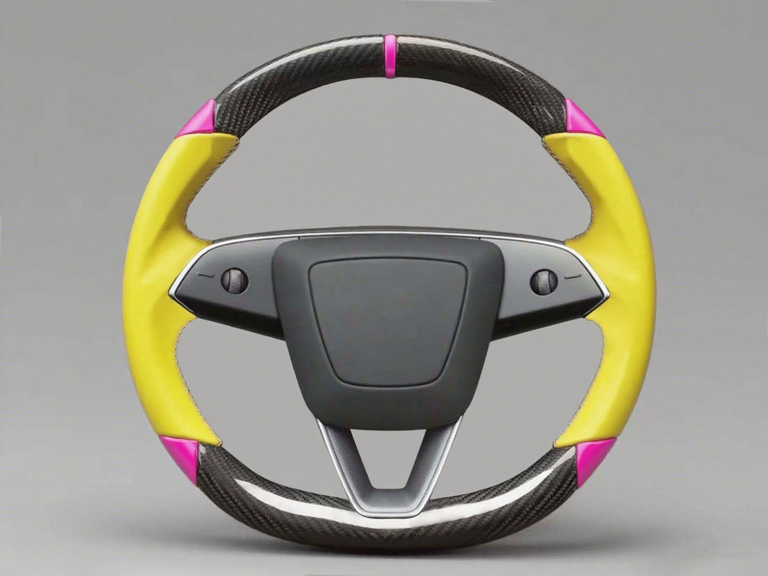 Yellow and pink Leather Carbon Fiber Customize Tesla Model Y Juniper Steering Wheel - DYNA (2025+) Axeco