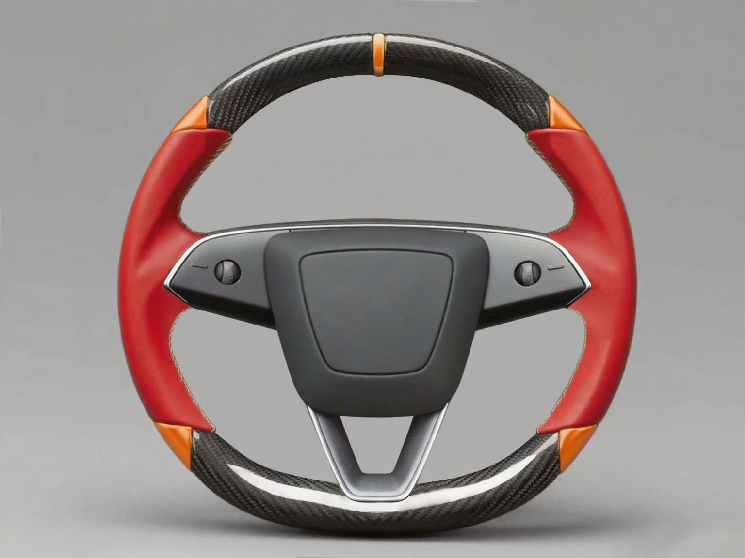 Red and orange Leather Carbon Fiber Customize Tesla Model Y Juniper Steering Wheel - DYNA (2025+) Axeco