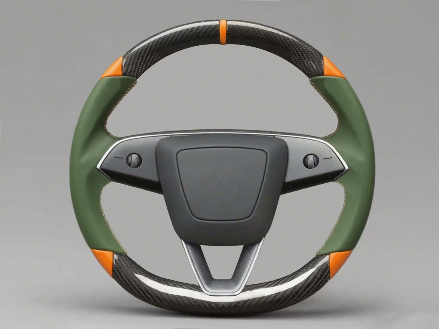 Army green and orange Leather Carbon Fiber Customize Tesla Model Y Juniper Steering Wheel - DYNA (2025+) Axeco
