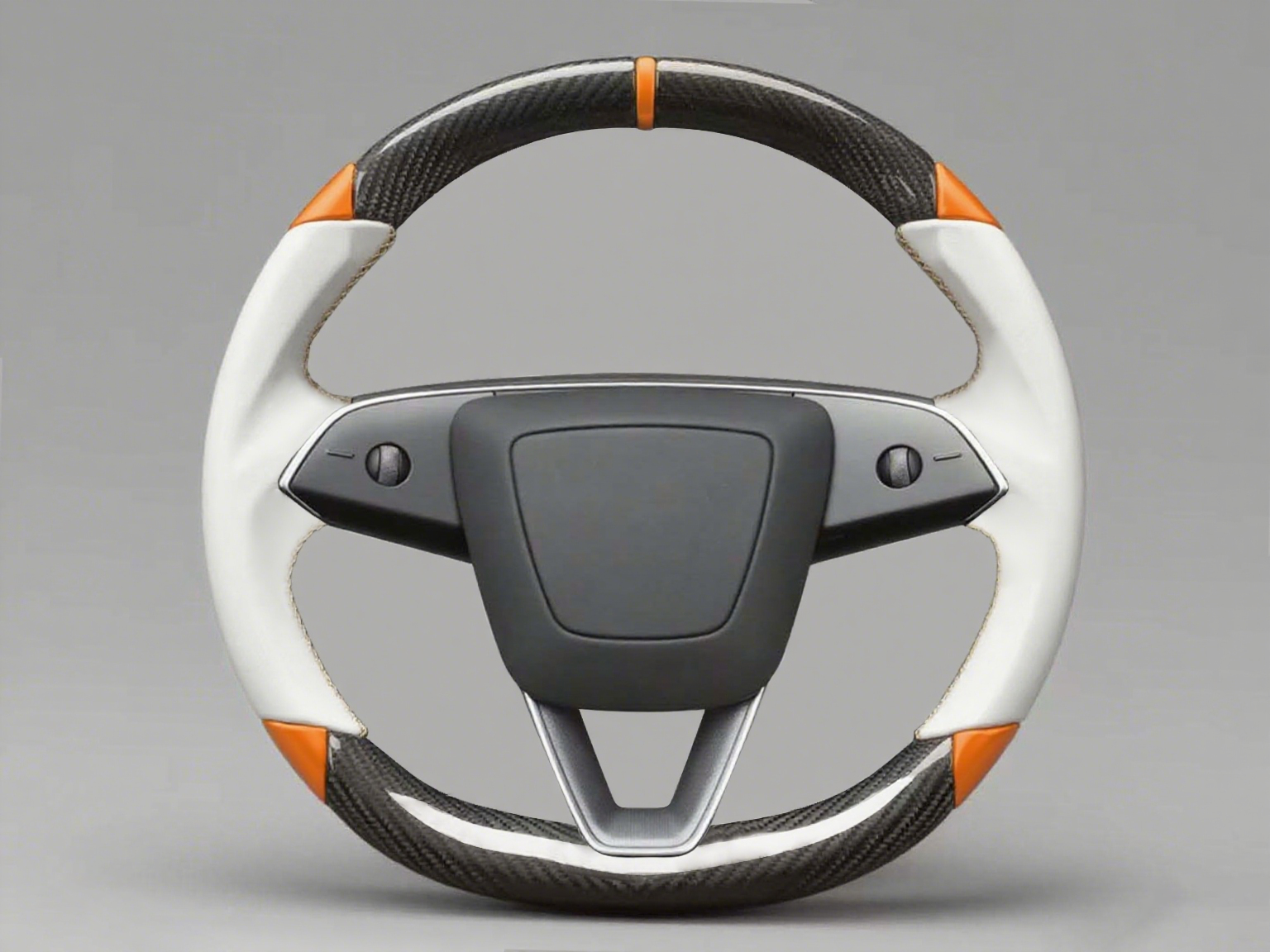 White and orange Leather Carbon Fiber Customize Tesla Model Y Juniper Steering Wheel - DYNA (2025+) Axeco
