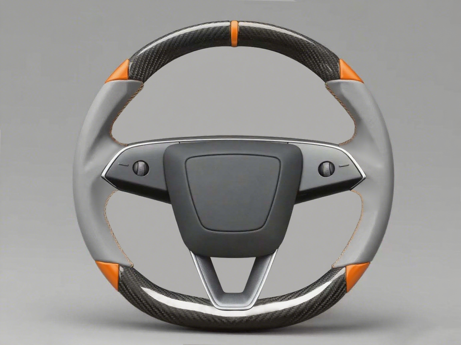 Grey and orange Leather Carbon Fiber Customize Tesla Model Y Juniper Steering Wheel - DYNA (2025+) Axeco