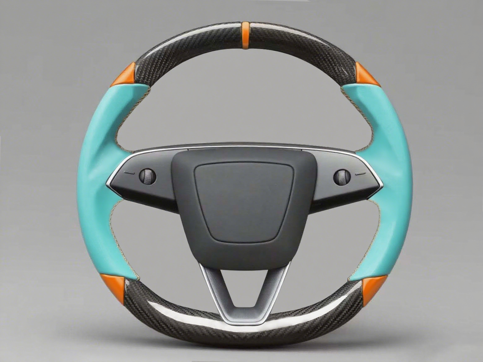 Light blue and orange Leather Carbon Fiber Customize Tesla Model Y Juniper Steering Wheel - DYNA (2025+) Axeco