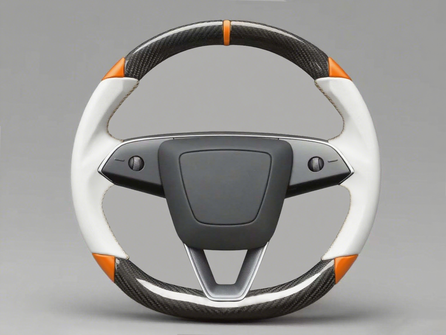 White and orange Leather Carbon Fiber Customize Tesla Model Y Juniper Steering Wheel - DYNA (2025+) Axeco