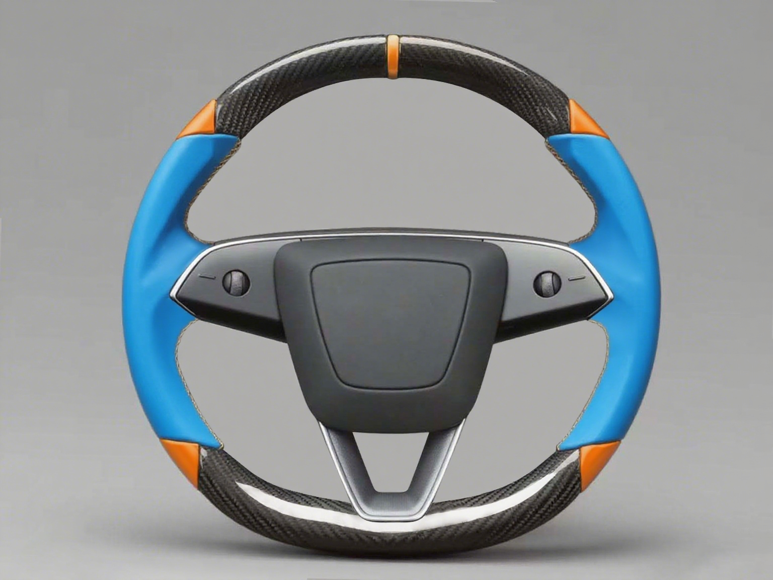 Blue and orange Leather Carbon Fiber Customize Tesla Model Y Juniper Steering Wheel - DYNA (2025+) Axeco