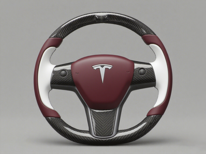 Wine red and white Carbon Fiber Tesla Model Y Steering Wheel-Track Master(2020-2024) Axeco