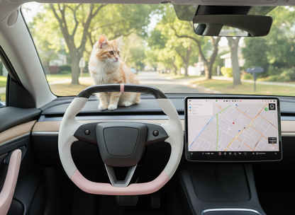 White and pink Leather Carbon Fiber Customize Tesla model 3 highland Steering Wheel - Super Enhancer(2023.9+) Axeco