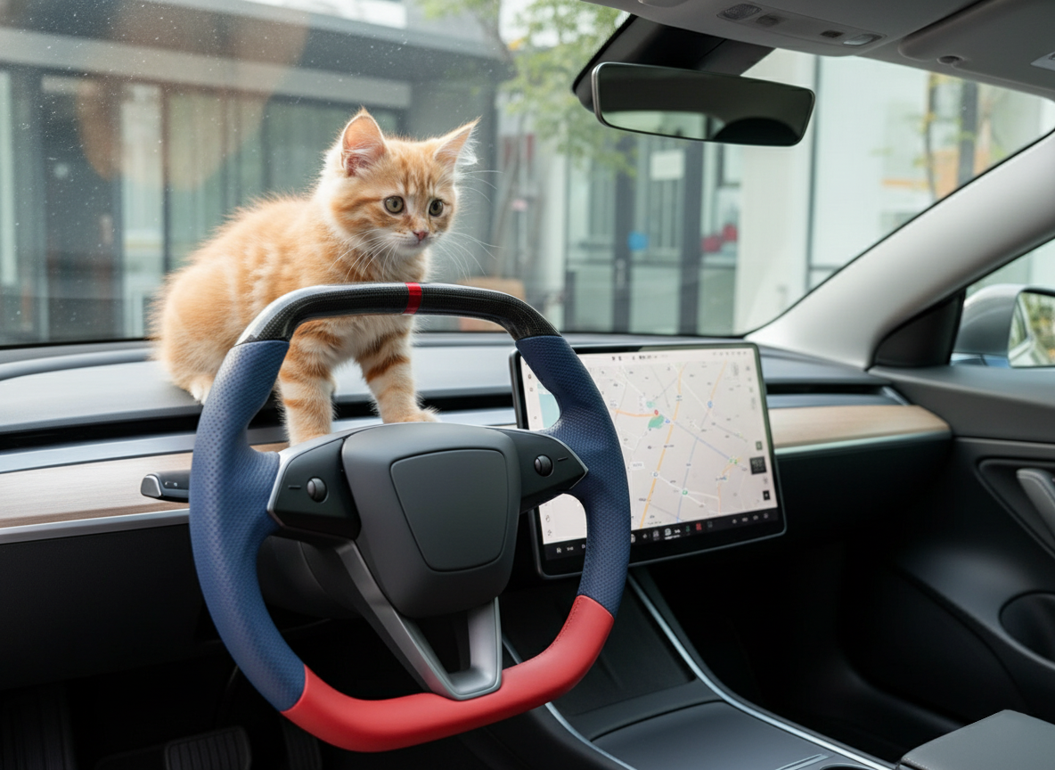 Blue and red Leather Carbon Fiber Customize Tesla model 3 highland Steering Wheel - Super Enhancer(2023.9+) Axeco