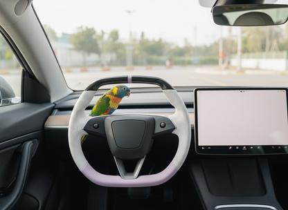 White and light purple Leather Carbon Fiber Customize Tesla model 3 highland Steering Wheel - Super Enhancer(2023.9+) Axeco