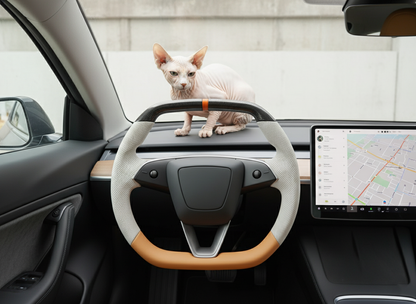 White and orange Leather Carbon Fiber Customize Tesla model 3 highland Steering Wheel - Super Enhancer(2023.9+) Axeco