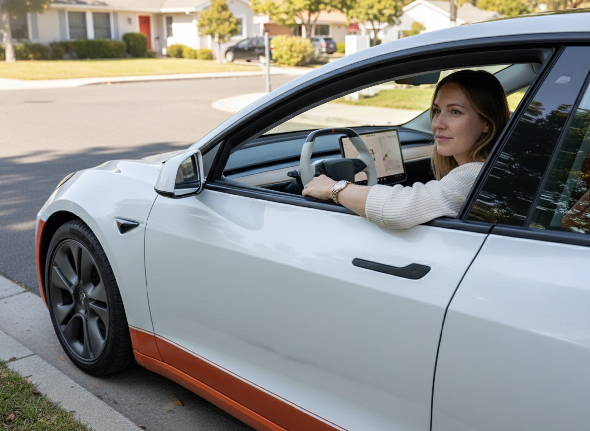 White and orange Leather Carbon Fiber Customize Tesla model 3 highland Steering Wheel - Super Enhancer(2023.9+) Axeco