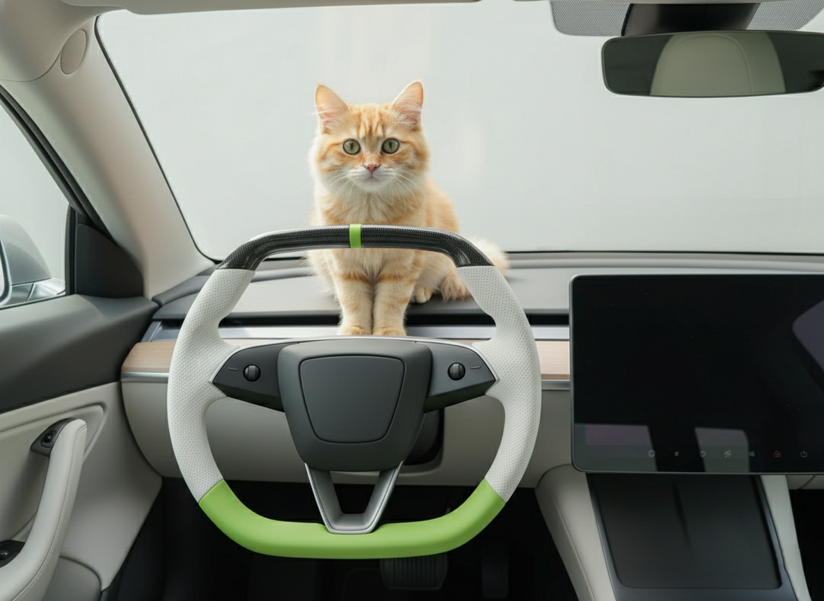 White and fluorescent green Leather Carbon Fiber Customize Tesla model 3 highland Steering Wheel - Super Enhancer(2023.9+) Axeco