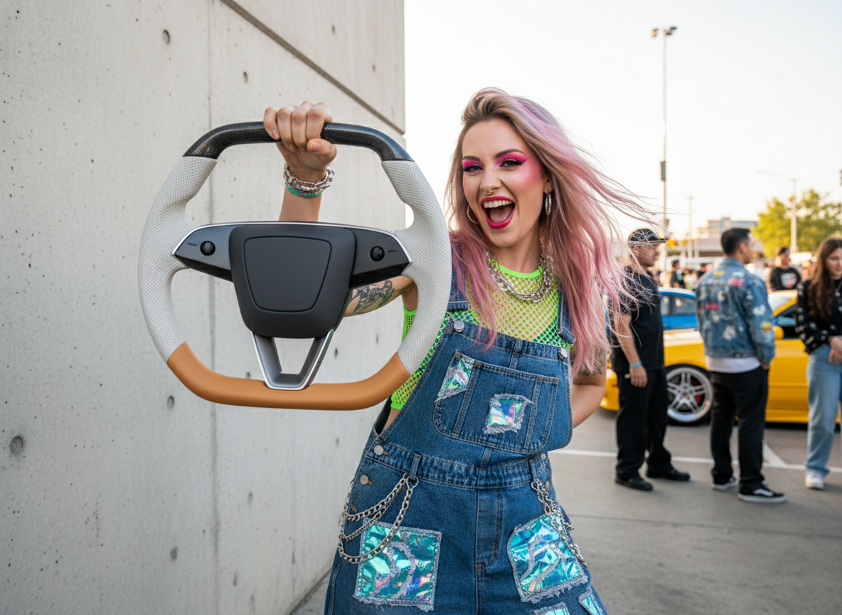 White and orange Leather Carbon Fiber Customize Tesla model 3 highland Steering Wheel - Super Enhancer(2023.9+) Axeco