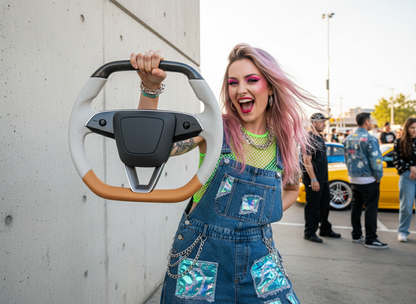 White and orange Leather Carbon Fiber Customize Tesla model 3 highland Steering Wheel - Super Enhancer(2023.9+) Axeco