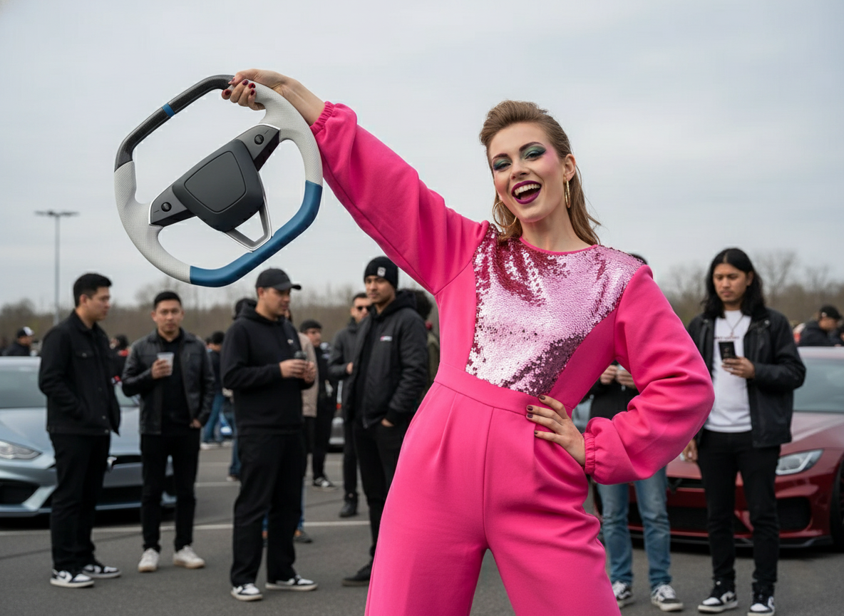 White and blue Leather Carbon Fiber Customize Tesla model 3 highland Steering Wheel - Super Enhancer(2023.9+) Axeco