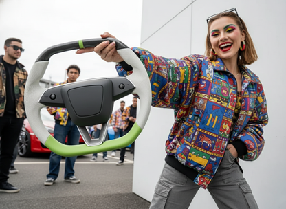 White and fluorescent green Leather Carbon Fiber Customize Tesla model 3 highland Steering Wheel - Super Enhancer(2023.9+) Axeco