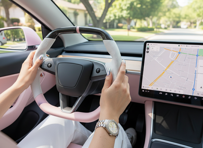 White and pink Leather Carbon Fiber Customize Tesla model 3 highland Steering Wheel - Super Enhancer(2023.9+) Axeco