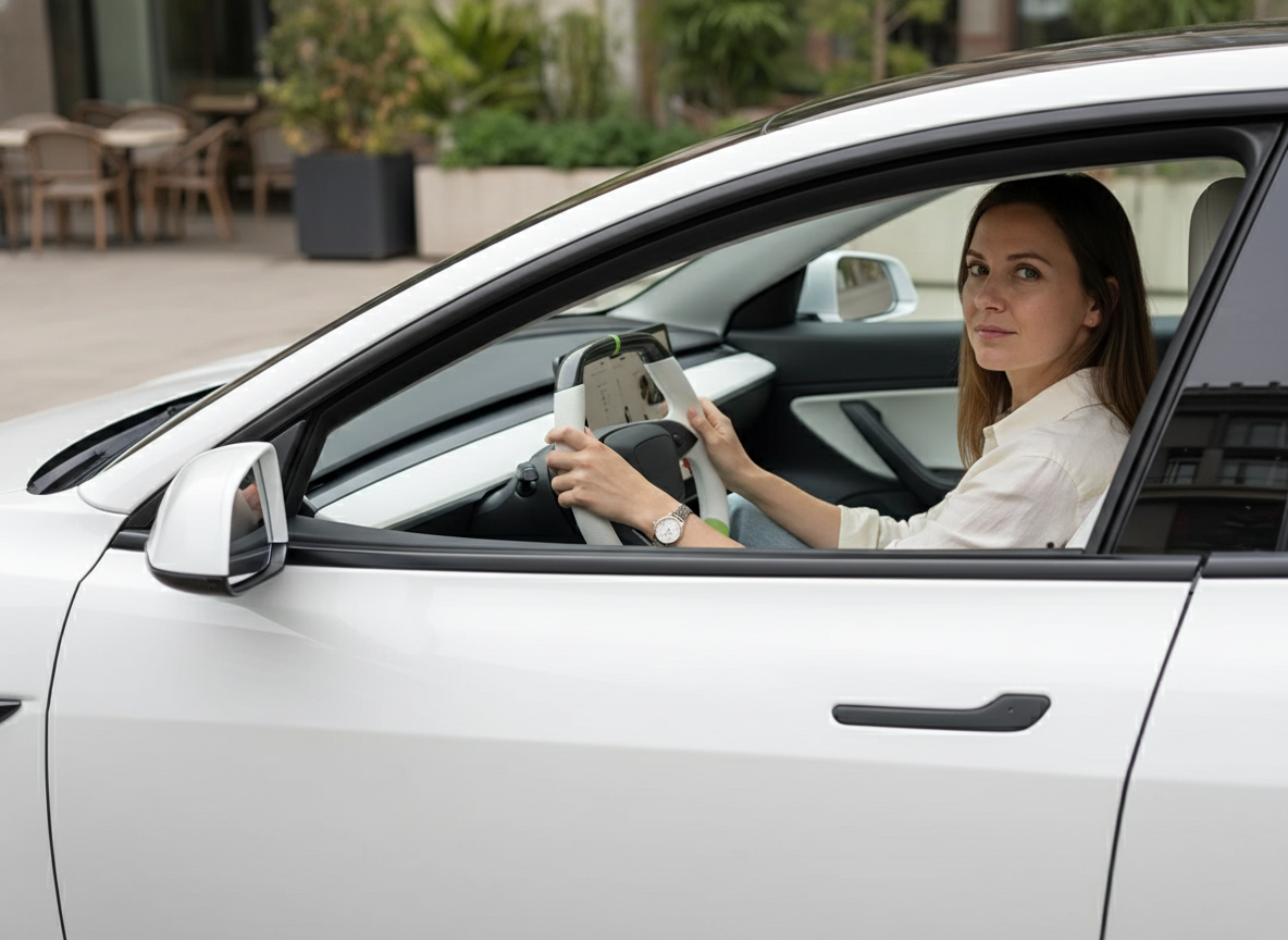 White and fluorescent green Leather Carbon Fiber Customize Tesla model 3 highland Steering Wheel - Super Enhancer(2023.9+) Axeco