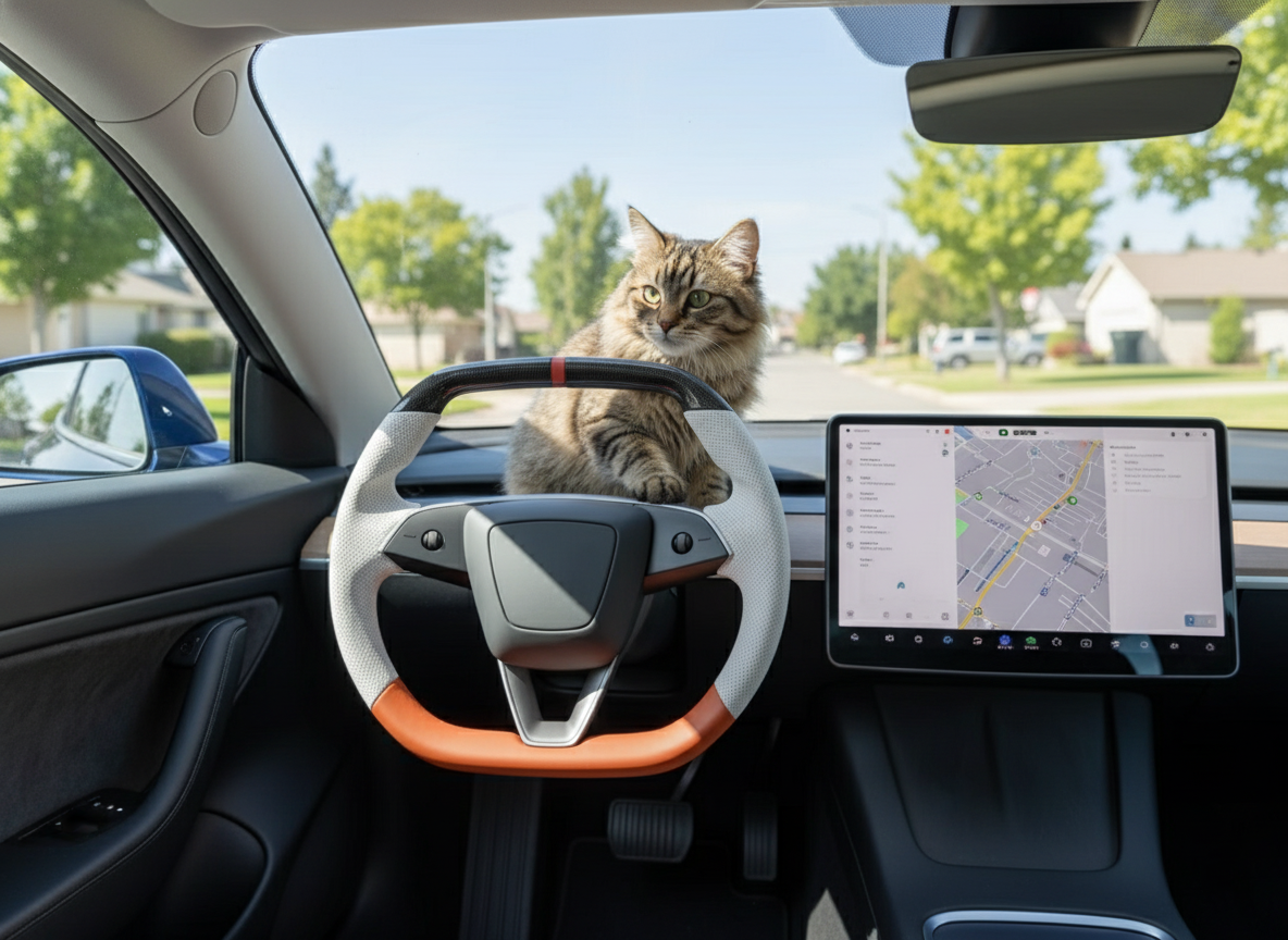 White and orange Leather Carbon Fiber Customize Tesla model 3 highland Steering Wheel - Super Enhancer(2023.9+) Axeco