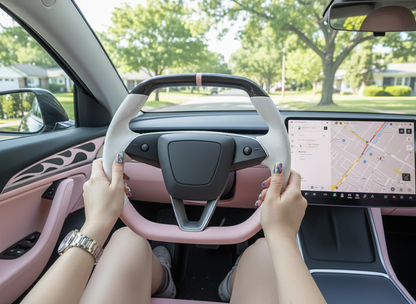 White and pink Leather Carbon Fiber Customize Tesla model 3 highland Steering Wheel - Super Enhancer(2023.9+) Axeco