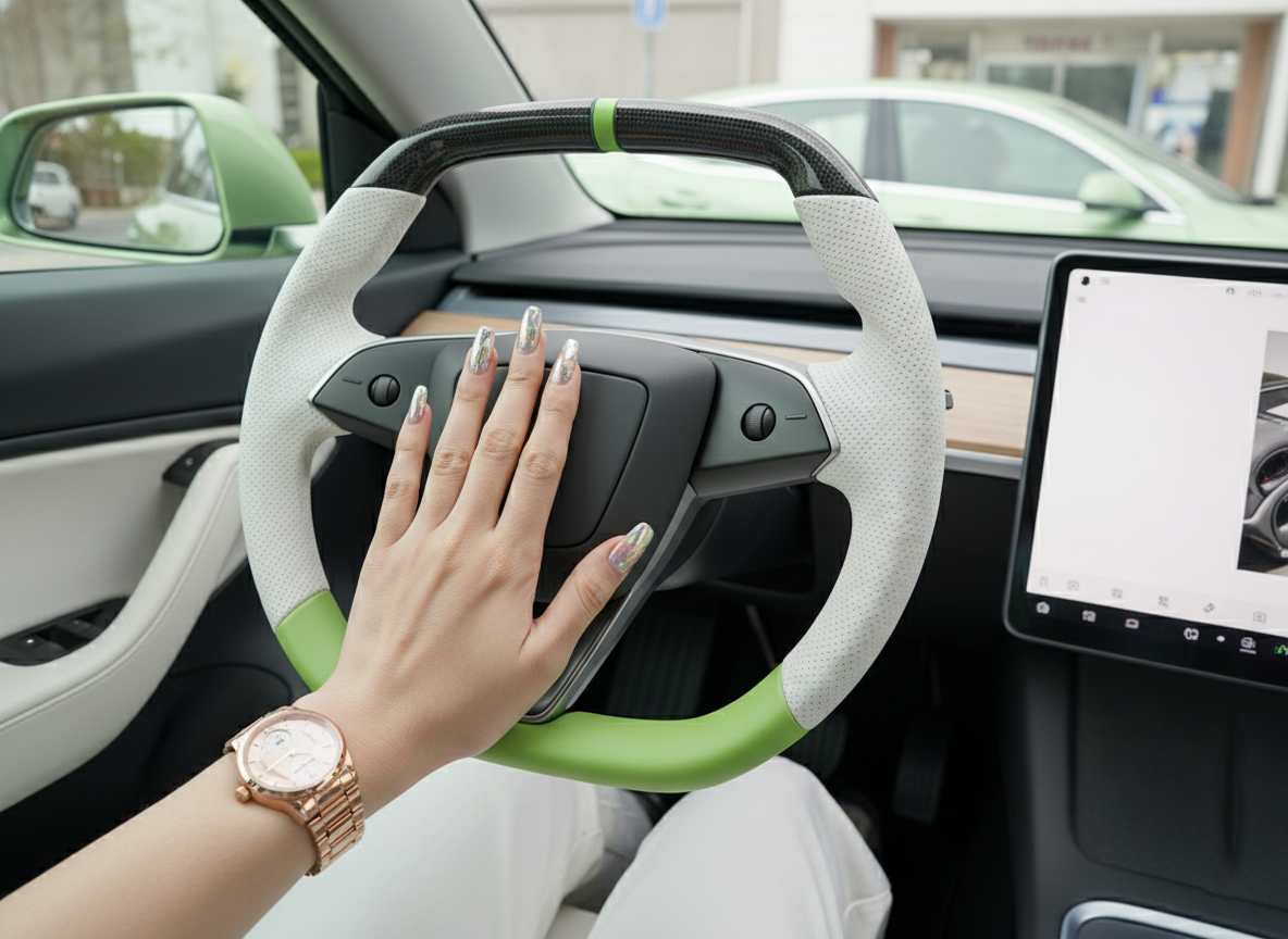White and fluorescent green Leather Carbon Fiber Customize Tesla model 3 highland Steering Wheel - Super Enhancer(2023.9+) Axeco