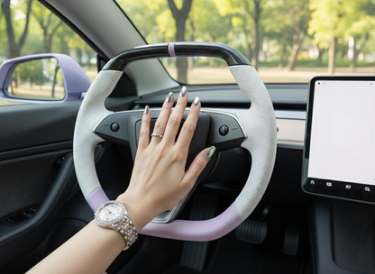 White and light purple Leather Carbon Fiber Customize Tesla model 3 highland Steering Wheel - Super Enhancer(2023.9+) Axeco