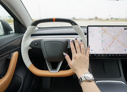 White and orange Leather Carbon Fiber Customize Tesla model 3 highland Steering Wheel - Super Enhancer(2023.9+) Axeco