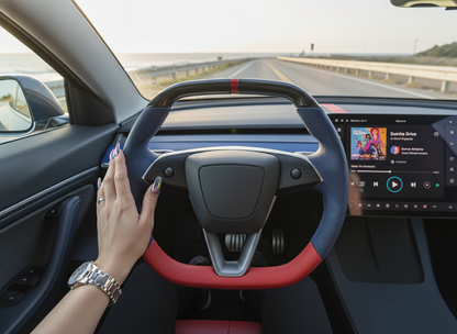 Blue and red Leather Carbon Fiber Customize Tesla model 3 highland Steering Wheel - Super Enhancer(2023.9+) Axeco