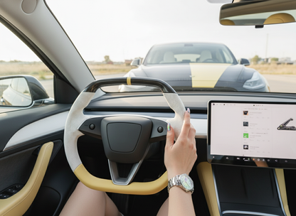White and yellow Leather Carbon Fiber Customize Tesla model 3 highland Steering Wheel - Super Enhancer(2023.9+) Axeco