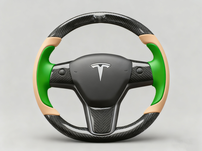Warm brown and emerald green Carbon Fiber Tesla Model Y Steering Wheel-Track Master(2020-2024) Axeco