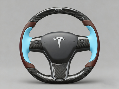 Dark brown and light blue Carbon Fiber Tesla Model Y Steering Wheel-Track Master(2020-2024) Axeco