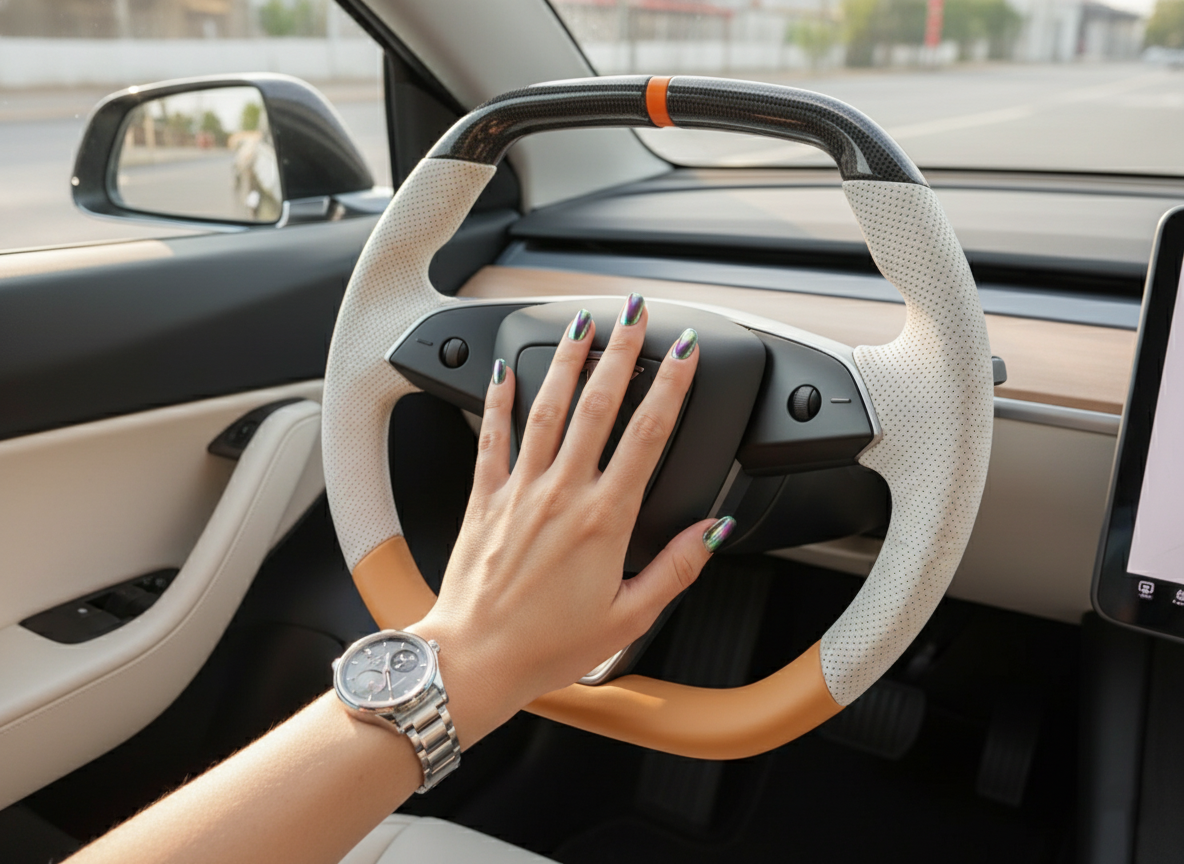 White and orange Leather Carbon Fiber Customize Tesla model 3 highland Steering Wheel - Super Enhancer(2023.9+) Axeco