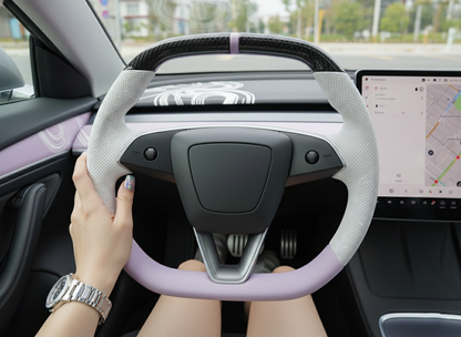 White and light purple Leather Carbon Fiber Customize Tesla model 3 highland Steering Wheel - Super Enhancer(2023.9+) Axeco