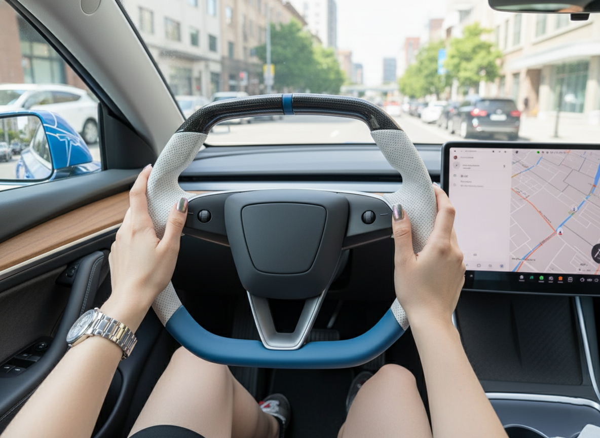 White and blue Leather Carbon Fiber Customize Tesla model 3 highland Steering Wheel - Super Enhancer(2023.9+) Axeco